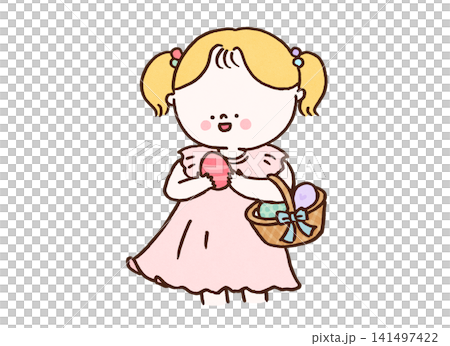 バスケットを持ち嬉しそうにイースターエッグを集める女の子 バスケットを持ち嬉しそうにイースターエッグを集める女の子 141497422