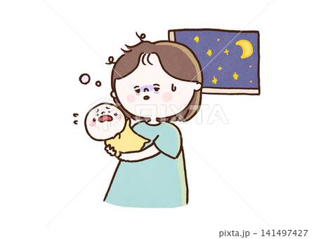 深夜の夜泣きで睡眠不足になり疲れ切った母親(育児ノイローゼ) 深夜の夜泣きで睡眠不足になり疲れ切った母親(育児ノイローゼ) 141497427