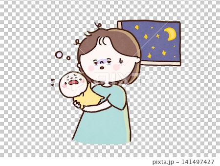 深夜の夜泣きで睡眠不足になり疲れ切った母親(育児ノイローゼ) 深夜の夜泣きで睡眠不足になり疲れ切った母親(育児ノイローゼ) 141497427