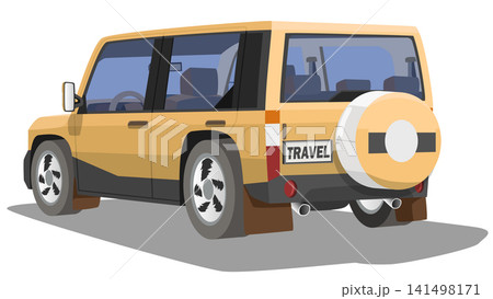 Beige off road SUV from a rear three quarter view. Featuring a spare tire on the back and a license plate that reads TRAVEL. Object on isolated white background. Beige off road SUV from a rear three quarter view. Featuring a spare tire on the back and a license plate that reads TRAVEL. Object on isolated white background. 141498171