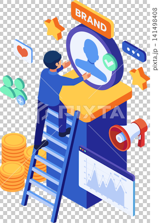 Isometric Businessman Climbing Ladder to Build Personal Brand 141498408