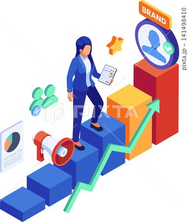 Isometric Businesswoman Climbing Steps to Personal Branding Success 141498410