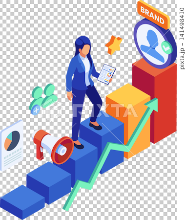 Isometric Businesswoman Climbing Steps to Personal Branding Success 141498410