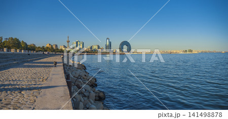 Baku Boulevard promenade and view of modern city by the sea with copy space 141498878