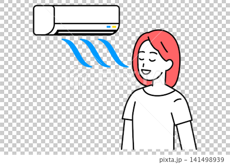 A young woman in a T-shirt cooling off in the air conditioner. A young woman in a T-shirt cooling off in the air conditioner. 141498939