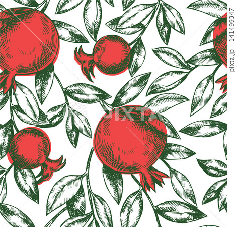 Seamless pattern of pomegranate fruits and branches. Sketch illustration. Vintage drawing. 141499347