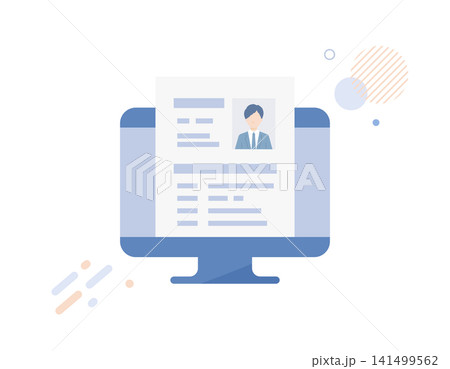 就職活動で企業へ履歴書をオンライン提出する就活生のベクターイラスト（リクルート・就活）フラットデザイ 141499562
