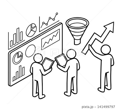 Business team analyzing data dashboard, marketing sales funnel and growth chart isometric vector illustration. Business team analyzing data dashboard, marketing sales funnel and growth chart isometric vector illustration. 141499797