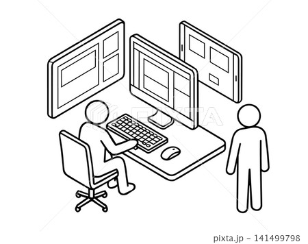 UI UX designer and developer working on computer and responsive screen layouts isometric vector illustration. UI UX designer and developer working on computer and responsive screen layouts isometric vector illustration. 141499798