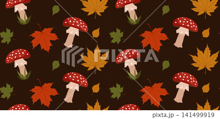 Seamless pattern with red fly agaric mushrooms and autumn leaves on dark background Seamless pattern with red fly agaric mushrooms and autumn leaves on dark background 141499919