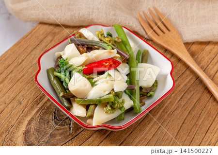chilled mixed wild vegetables salad assorted fresh greens cold dish 141500227