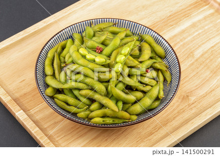 boiled green edamame pods sprinkled with salt fresh snack 141500291