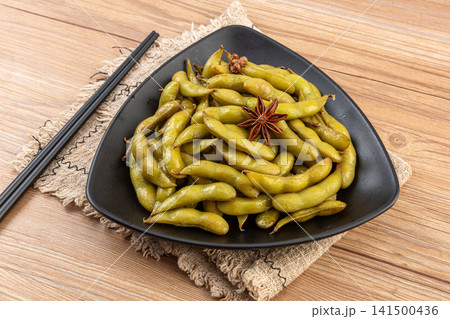 spiced boiled green edamame pods seasoned savory cold dish 141500436
