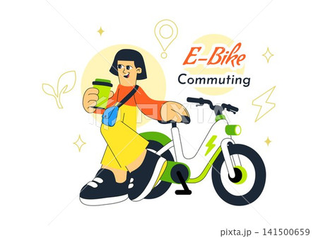 E Bike Commuting Illustration Featuring Electric Bicycle Transportation, Eco Friendly Mobility, Sustainable Urban Travel, and Smart City Lifestyle 141500659