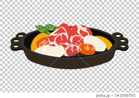 一張成吉思汗火鍋中盛裝生羊肉和蔬菜的插圖。 141500703