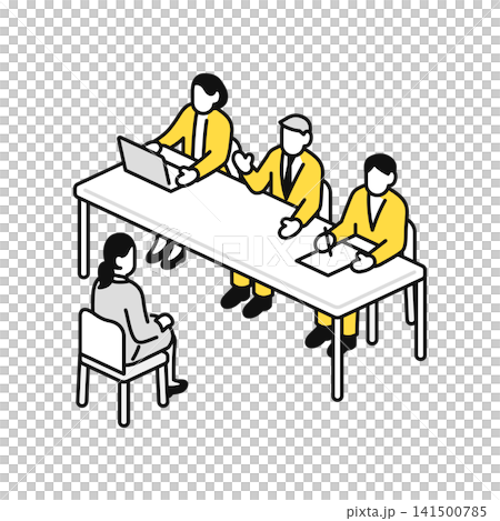 Vector icon illustration of a female applicant being interviewed and three interviewers. Vector icon illustration of a female applicant being interviewed and three interviewers. 141500785