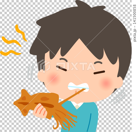 一個年輕人費力地咬下一小塊乾魷魚。 一個年輕人費力地咬下一小塊乾魷魚。 141500858