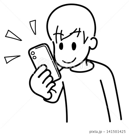スマホを触る男性(色塗りなし、線のみ) スマホを触る男性(色塗りなし、線のみ) 141501425