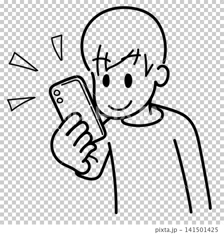 スマホを触る男性(色塗りなし、線のみ) スマホを触る男性(色塗りなし、線のみ) 141501425