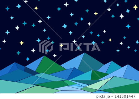 折り紙風の山並みと星が輝く夜空背景 折り紙風の山並みと星が輝く夜空背景 141501447