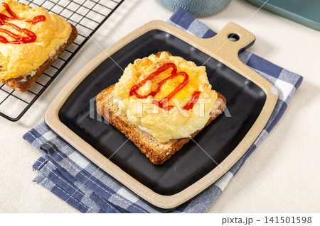 fluffy Baked Cloud Egg Toast Sprinkled With Ketchup On Whole Wheat Bread 141501598