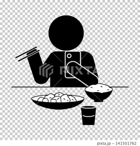 食事中にスマホを触りながらごはんを食べる人のアイコン 食事中にスマホを触りながらごはんを食べる人のアイコン 141501762