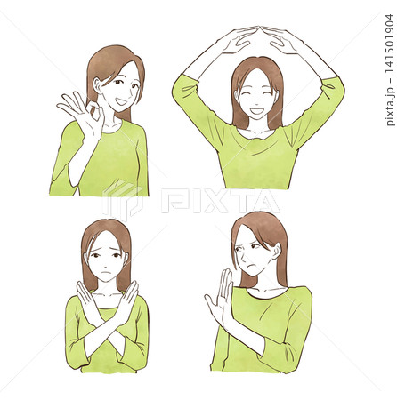 OK・NGを表す女性の若い女性のセット(文字なし) 水彩風の手描きイラスト素材 OK・NGを表す女性の若い女性のセット(文字なし) 水彩風の手描きイラスト素材 141501904