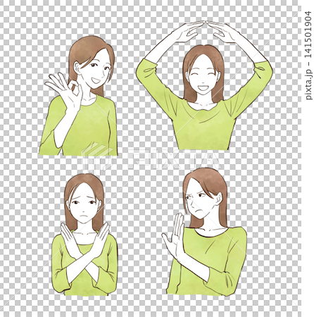 OK・NGを表す女性の若い女性のセット(文字なし) 水彩風の手描きイラスト素材 OK・NGを表す女性の若い女性のセット(文字なし) 水彩風の手描きイラスト素材 141501904