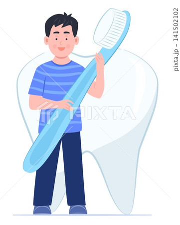 Happy Cute Kid Boy Holding Big Toothbrush and Standing in Front of Healthy White Tooth for Dental Healthcare and Daily Hygienic Lifestyle Routine Concept Illustration Clip Art 141502102