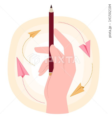 Human Hand Holding Pencil and Paper Planes Flying Around for Planning, Creative Thinking and Education Concept Illustration Clip Art 141502104