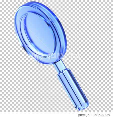 Glassmorphism magnifying glass icon in isometric view featuring transparent blue glossy finish. Translucent search discovery design element suited for research analysis or system find interface 141502889