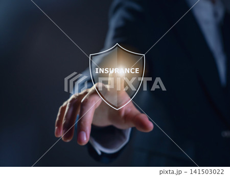 Businessman touching virtual insurance shield interface for protection, security and risk management Businessman touching virtual insurance shield interface for protection, security and risk management 141503022