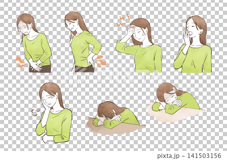 A set of watercolor-style hand-drawn illustrations depicting young women experiencing physical discomfort related to their menstrual cycle. A set of watercolor-style hand-drawn illustrations depicting young women experiencing physical discomfort related to their menstrual cycle. 141503156