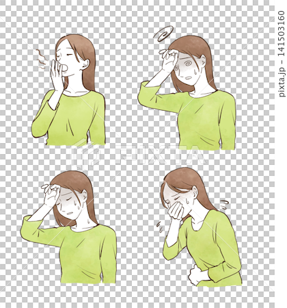 一組水彩風格的手繪插圖，描繪了一位年輕女子因中暑而感到不適的情景。 141503160