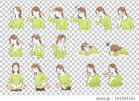 一組手繪水彩風格插圖，描繪了一位身體不適的年輕女子。 141503161