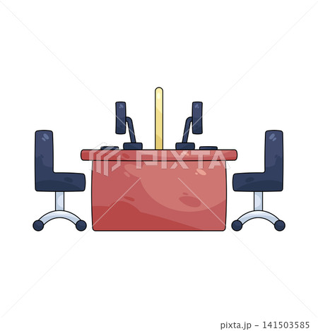 Illustration of office desk with computers and chairs Illustration of office desk with computers and chairs 141503585