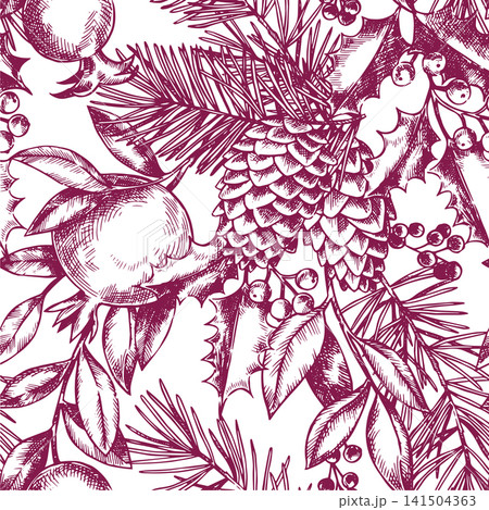Seamless pattern with Christmas plants: holly, pomegranate, and spruce branches. Sketch illustration. Vintage drawing. 141504363