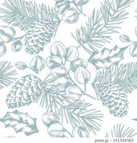 Seamless pattern with Christmas plants: holly, spruce branches, and cones. Sketch illustration. retro drawing. Seamless pattern with Christmas plants: holly, spruce branches, and cones. Sketch illustration. retro drawing. 141504365