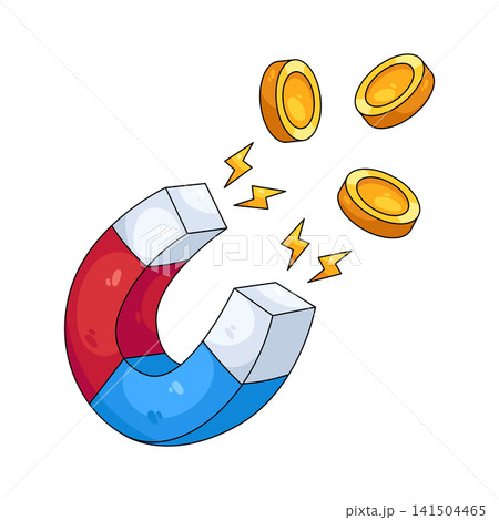 Illustration of horseshoe magnet attracting coins Illustration of horseshoe magnet attracting coins 141504465
