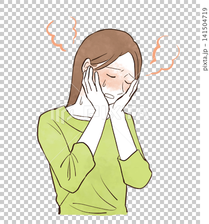 A hand-drawn watercolor-style illustration of a young woman suffering from facial flushing and hot flashes. A hand-drawn watercolor-style illustration of a young woman suffering from facial flushing and hot flashes. 141504719