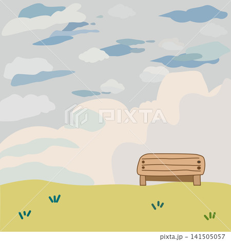Empty Bench on Hillside with Cloudy Sky Empty Bench on Hillside with Cloudy Sky 141505057