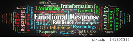Emotional Response Word Cloud. Visual Overview of Emotional Intelligence, Self Regulation, Psychological Agility, and Affective Mindset Frameworks Advancing Human Growth and Motivation. 141505555