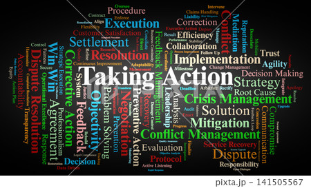 Taking Action Word Cloud. Comprehensive Overview of Conflict Resolution, Corrective Actions, Strategic Negotiation, Risk Mitigation, and Operational Frameworks for Business Dispute Settling. 141505567