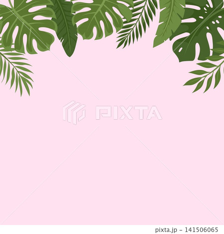 Top border frame made of green tropical leaves on pink background Top border frame made of green tropical leaves on pink background 141506065