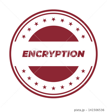 A vibrant red and white circular stamp displaying the word Encryption surrounded by decorative stars, perfect for modern data security concepts 141506536