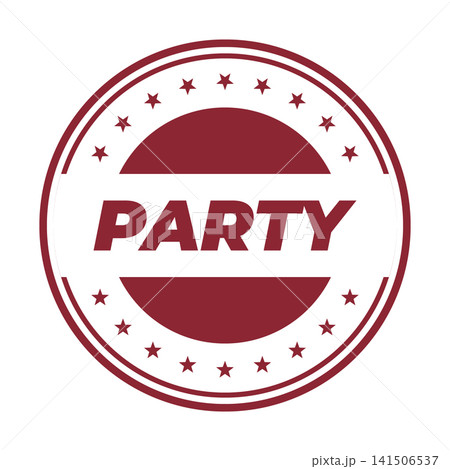 A vibrant red circular festive stamp prominently displays the word PARTY encircled by elegant decorative stars ideal for celebrations A vibrant red circular festive stamp prominently displays the word PARTY encircled by elegant decorative stars ideal for celebrations 141506537
