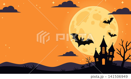 ハロウィン背景 満月とコウモリと洋館のイラスト ベクター素材 コピースペース 16:9 ハロウィン背景 満月とコウモリと洋館のイラスト ベクター素材 コピースペース 16:9 141506949