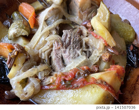 Close up of Tender Moroccan Lamb Tagine Meat 141507036