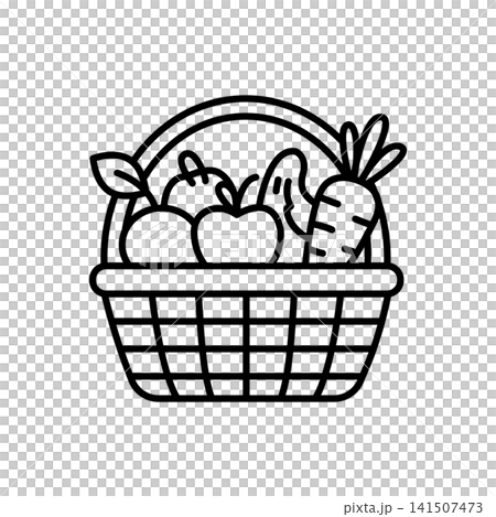 A clean minimalist outline icon showing a basket overflowing with fresh produce like carrots and apples. Symbolizes organic farming, sustainable agriculture, local produce, and healthy eating. A clean minimalist outline icon showing a basket overflowing with fresh produce like carrots and apples. Symbolizes organic farming, sustainable agriculture, local produce, and healthy eating. 141507473