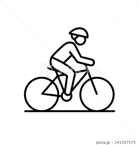An outline icon depicting an active individual riding a bike. Represents eco-friendly transportation, cycling, physical fitness, reducing carbon emissions, and healthy daily mobility. 141507573